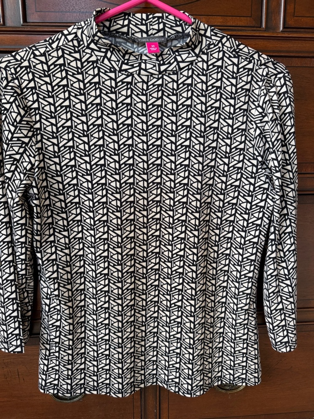 Vince Camaro Black & Tan Geometric Pattern Long Sleeve Top